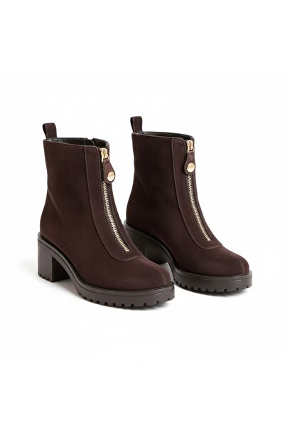 NE&VE SHOES Brown Velvet Women's Thick Heeled Boots with Metal Zipper on the ...