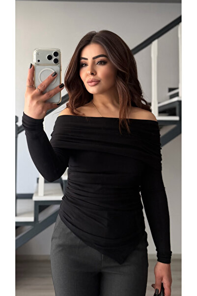 Oslove Black Asymmetrical Cut Madonna Collar Blouse