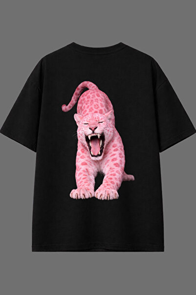 VSRN Pembe Leopar Tasarım Arka Baskılı Siyah Oversize T shirt