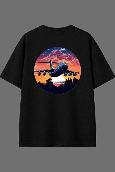 VSRN تي شيرت أسود كبير الحجم بتصميم طائرة وطباعة خلفية