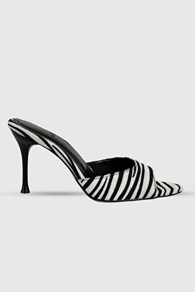 Modezya Gloria White Black Patterned Single Strap Women's Heeled Shoes