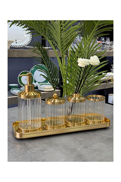 Doğudeko Bathroom Set with Metal Tray, Glass, 5 Pieces, Simple