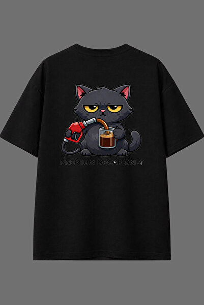 VSRN Tricou oversize negru cu imprimeu pe spate Coffe Cat Design