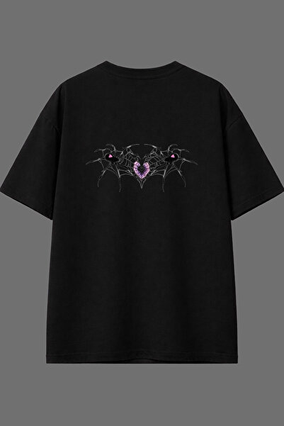 VSRN 2 تي شيرت أسود كبير الحجم بتصميم قلب العنكبوت وطباعة خلفية