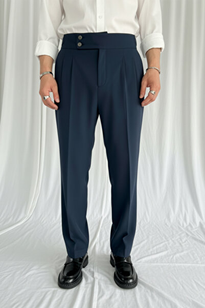 Men's Old Money Culture Double Buckle Detailed Baggy Fabric Pants Navy Blue