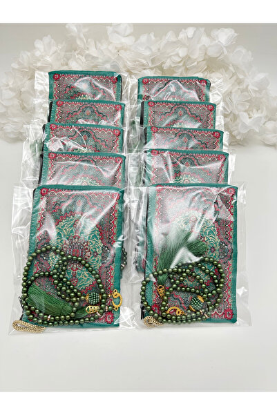 LenaToptan 10 Green Wallets and Prayer Beads Set, Hajj Umrah Mevlid Gift
