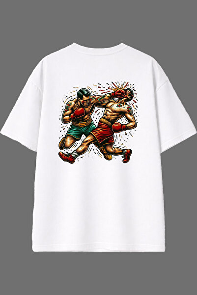 VSRN تي شيرت أبيض كبير الحجم بتصميم كيك بوكس ​​1 مطبوع من الخلف