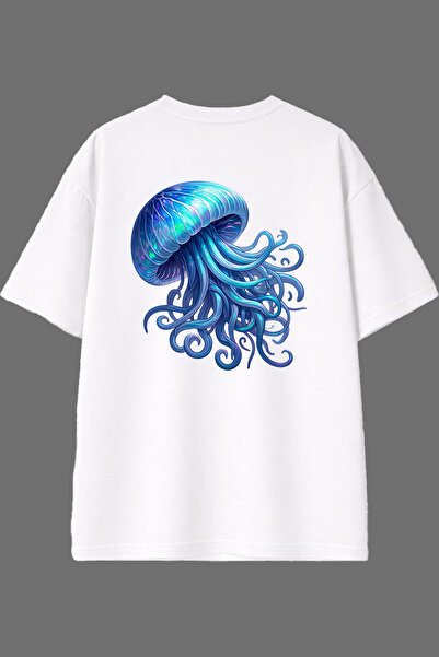 VSRN تي شيرت أبيض كبير الحجم بتصميم قنديل البحر وطباعة خلفية
