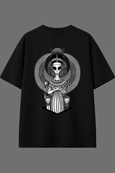 VSRN Tricou negru supradimensionat cu imprimeu pe spate, design Alien Egyptian