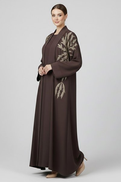 Muchmy Luxury Dark Brown 2 Piece Abaya Set With Inner Leaf Embroidery Modern Modest Wear Women Dress
