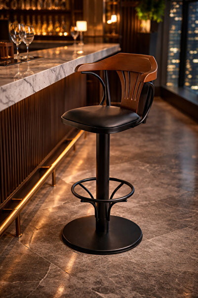 DENGEMA T168/65 Dönerli Bar Sandalyesi – Siyah Deri Oturum, İnegöl Ceviz Sırt...