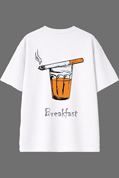 VSRN تي شيرت أبيض كبير الحجم بتصميم My Breakfast وطباعة خلفية