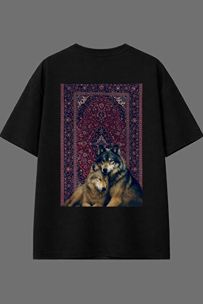 VSRN Kurt Detaylı Etnik Halı Tasarım Arka Baskılı Siyah Oversize T shirt