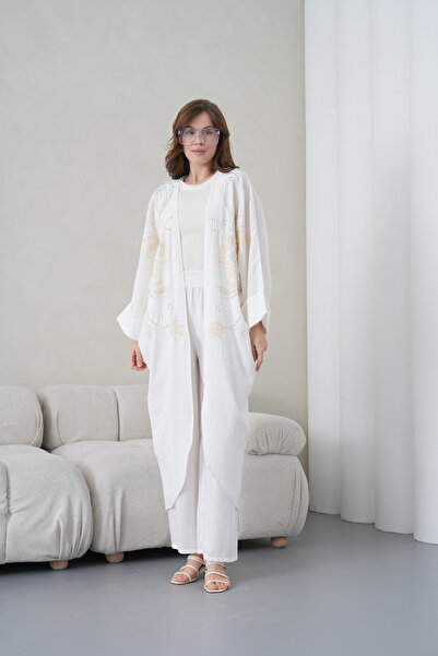 Miss Allos Women's Front Embroidered Beaded Linen Kimono Cardigan and Pants T...