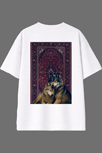 VSRN تي شيرت أبيض كبير الحجم بتصميم سجادة عرقية وتفاصيل على شكل ذئب مع طباعة ...