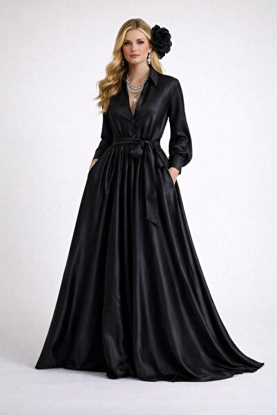 SERAVENZA COUTURE Maxi Boy Balon Kollu Seyyar Kuşaklı Şık Davet Elbisesi COU-68