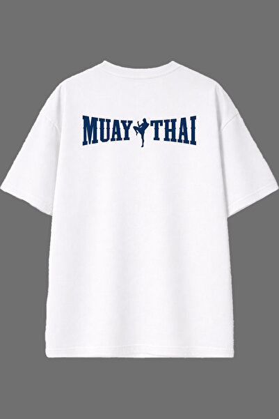 VSRN Tricou oversize alb cu imprimeu pe spate, design Muay Thai, albastru marin