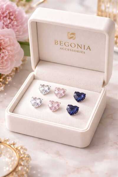 Öte Beri VIP Çelik Şeffaf Pembe Lacivert Kalp Kesim Zirkon Taşlı Unisex Küpe ...