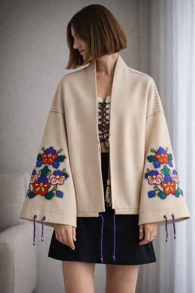 Nulivez Beige Kimono Jacket with Embroidery Detail – Relaxed Fit Wide Sleeve ...