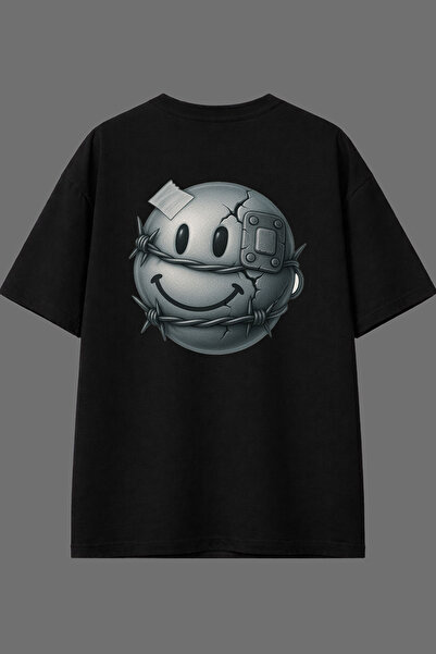 VSRN تي شيرت أسود كبير الحجم بتصميم إيموجي مطبوع من الخلف