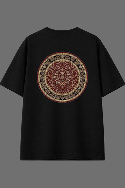 VSRN تي شيرت أسود كبير الحجم بتصميم سجادة مستديرة وطباعة خلفية