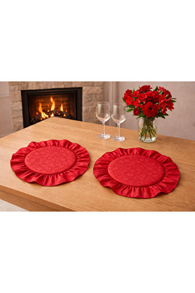 ŞAH TEXTILE DESIGN Kırmızı keten fırfırlı çiçek desen amerikan servis , supla...