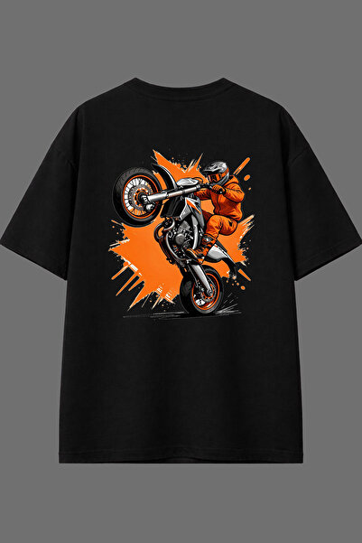 VSRN تي شيرت أسود كبير الحجم بتصميم Front Lifting Motor وطباعة خلفية