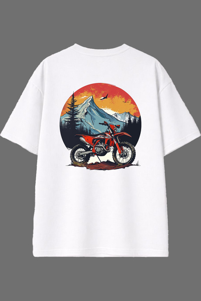 VSRN تي شيرت أبيض كبير الحجم بتصميم جبلي مطبوع من الخلف