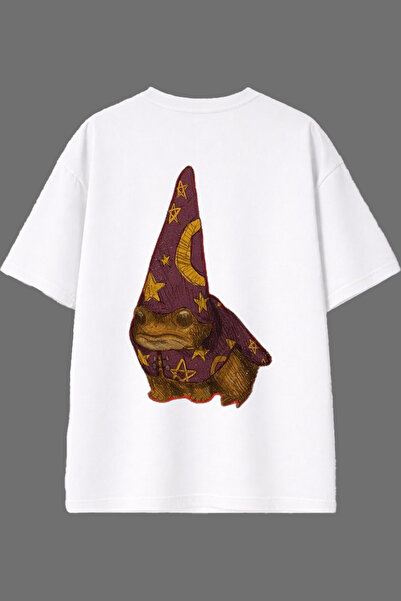 VSRN تي شيرت أبيض كبير الحجم بتصميم الضفدع الساحر مع طباعة خلفية