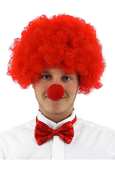 magicool Red Color Curly Afro Bonus Wig Hair Extensions and Red Nose Set