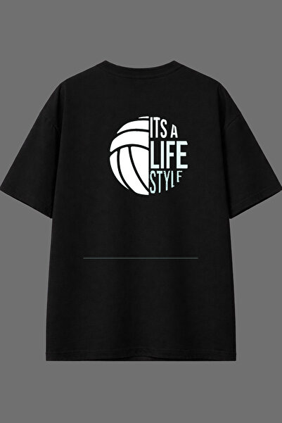 VSRN تي شيرت أسود كبير الحجم بتصميم كرة الطائرة وطباعة خلفية