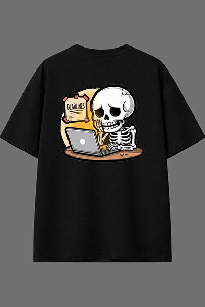 VSRN تي شيرت أسود كبير الحجم بتصميم هيكل عظمي مطبوع من الخلف