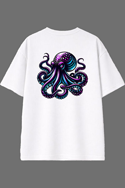 VSRN 8-Armed Octopus Design White Oversize T-Shirt with Back Print