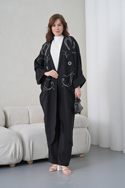 Miss Allos Women's Front Embroidered Beaded Linen Kimono Cardigan and Pants T...