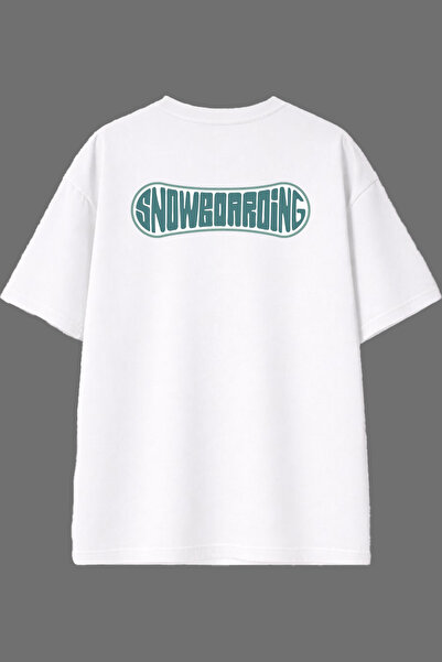 VSRN تي شيرت أبيض كبير الحجم بتصميم التزلج على الجليد وطباعة خلفية