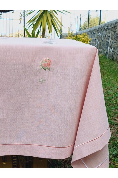 BAŞ TASARIM Salmon Rose Embroidered Pink Tablecloth for 8 People