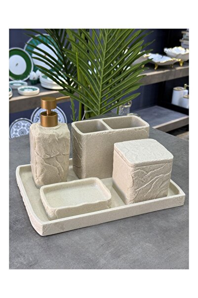 Doğudeko Luxury Polyurethane Elya 5-Piece Bathroom Set Cream