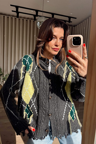 Sue Store Anthracite Green Fringed Cardigan