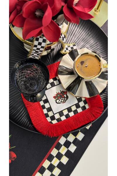 Nef’s Atelier Red Tasseled Checkerboard Pattern Coffee Coaster 14*14 cm