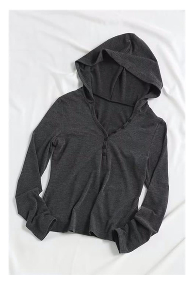 Köstebek Antrasit Henley Yaka Uzun Kollu Kapüşonlu