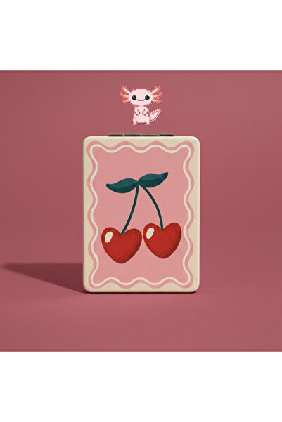 Ayna Kiraz Desenli Cep Aynası | Çift Taraflı Katlanır | Taşınabilir Makyaj Ay...