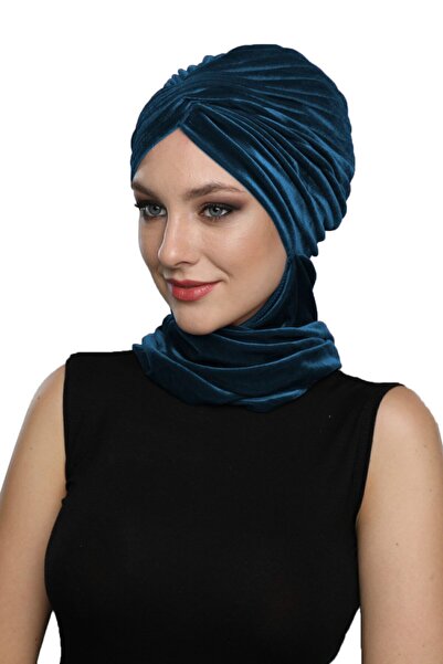 elysianfidan Velvet Cross Scarf Petrol Ready-To-Wear Turban Hijab Medical Use...