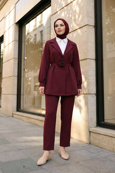MODAQU Rose Appliqué Double-Breasted Jacket and Trousers Burgundy Set