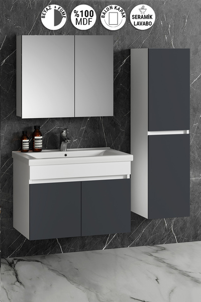 ÖZCEDEN Çiğdem 80+35 cm Beyaz-Füme Balon MDF Seramik Lavabolu Sepetli Asma Ba...