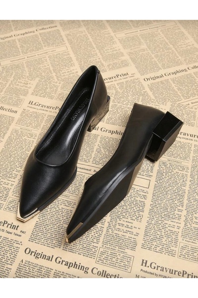 ELEVAM Black Leather Thick Heel Gold Buckle Detailed Pointed Toe Stiletto Hee...