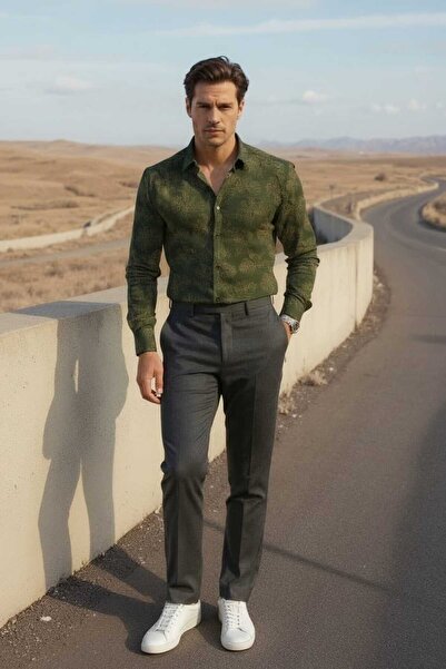 Louis Fabel Thin Leaf Patterned Long Sleeve Men's Shirt