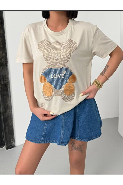 Büşra Butik Ayıcık Desenli Taşlı T-shırt
