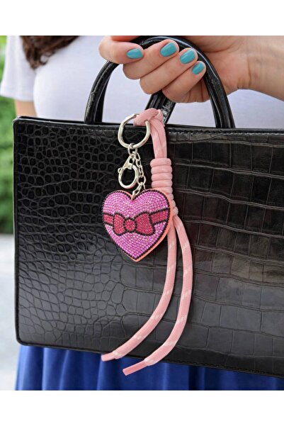 MD Moda Accessories Heart-Shaped Drawstring Bag & Keychain Charm with Stone B...