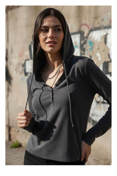 Köstebek Anthracite Henley Collar Hooded Long Sleeve Sweatshirt