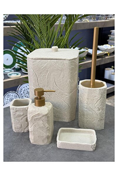Doğudeko Luxury Polyurethane Basten 5-Piece Bathroom Set Cream